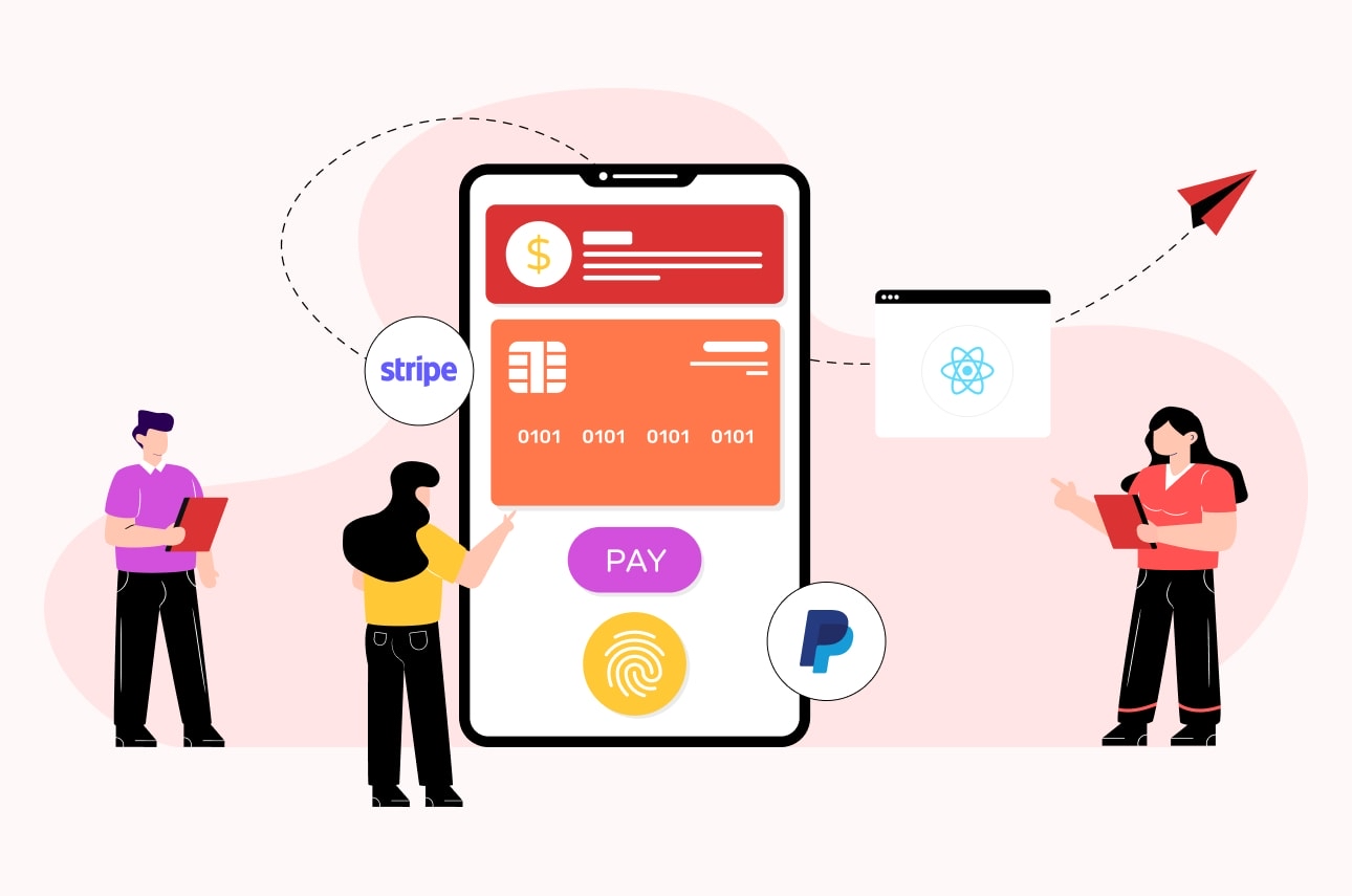 Ilustrácia mobilnej platby s ikonami Stripe a PayPal